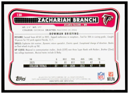 2026 Bowman Zachariah Branch Card RC Atlanta Falcons