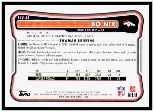2026 Bowman Bo Nix Card Chrome Denver Broncos