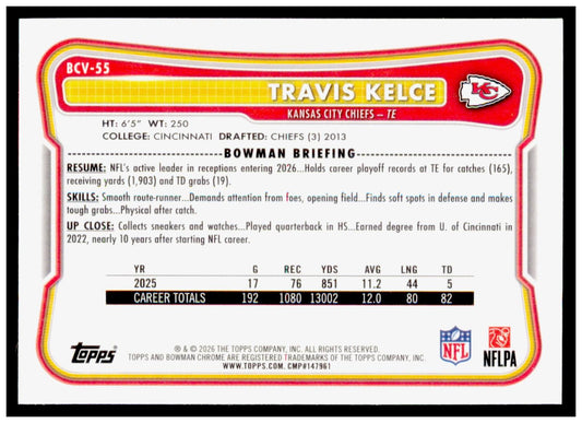 2026 Bowman Travis Kelce Card Chrome Kansas City Chiefs