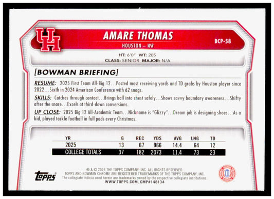 2026 Bowman Amare Thomas Card Chrome Prospects Houston Cougars