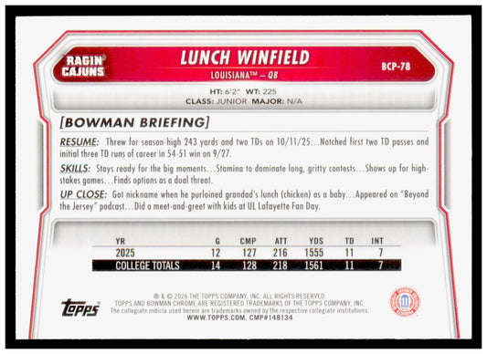 2026 Bowman Lunch Winfield Card Chrome Prospects Ragin' Cajuns