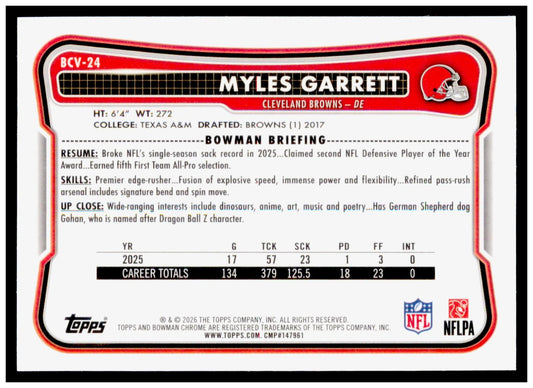 2026 Bowman Myles Garrett Card Chrome Cleveland Browns