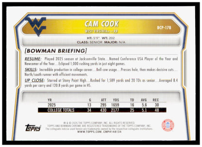 2026 Bowman Cam Cook Card Chrome Prospects West Virginia Mountaineers