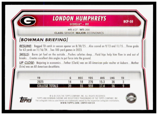 2026 Bowman London Humphreys Card Chrome Prospects Georgia Bulldogs