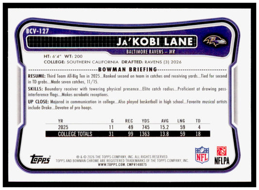 2026 Bowman Ja'Kobi Lane Card Chrome Baltimore Ravens