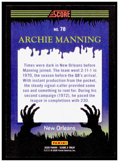 2026 Score-A-Treat Archie Manning Card Pumpkins New Orleans Saints