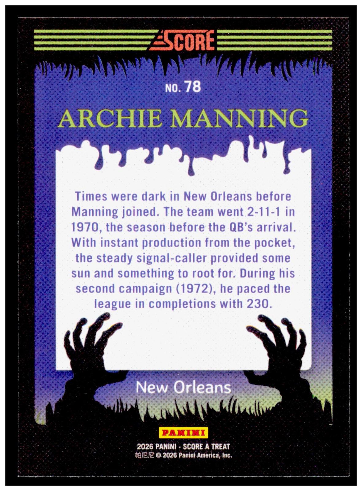 2026 Score-A-Treat Archie Manning Card New Orleans Saints