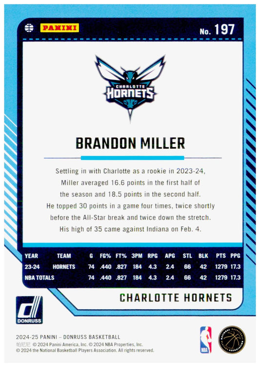 2024-25 Donruss Brandon Miller Card Charlotte Hornets