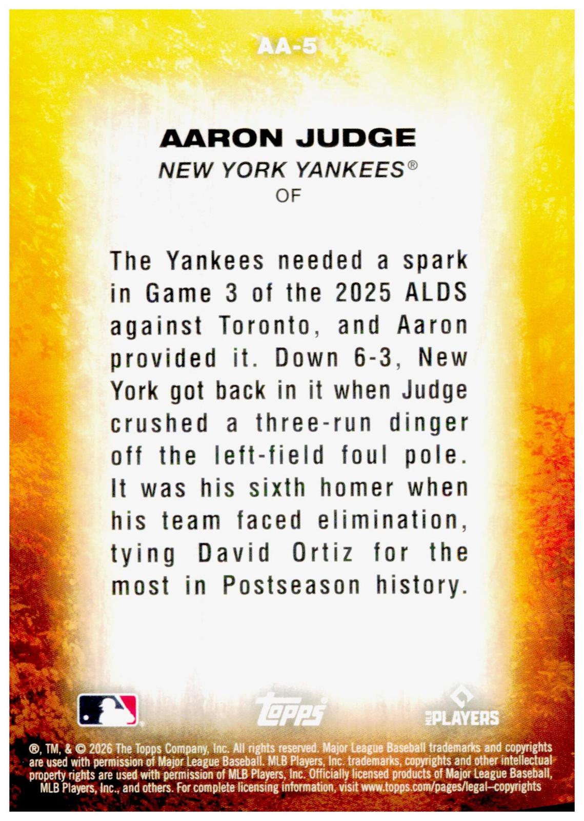 2026 Topps Update Aaron Judge Card Autumn Ascensions New York Yankees