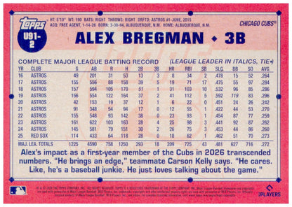 2026 Topps Update Alex Bregman Card 1991 Topps Baseball 35th Anniversary Cubs