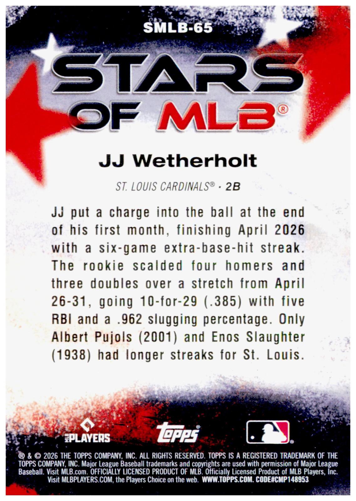 2026 Topps Update JJ Wetherholt Card Stars of MLB St. Louis Cardinals