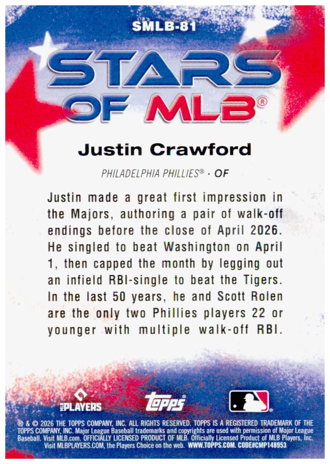 2026 Topps Update Justin Crawford Card Stars of MLB Philadelphia Phillies