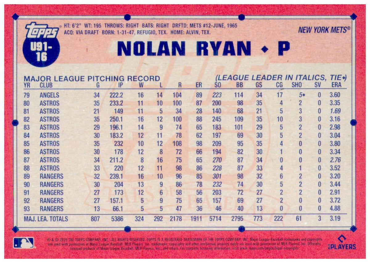 2026 Topps Update Nolan Ryan Card 1991 Topps Baseball 35th Anniversary HOF  Mets