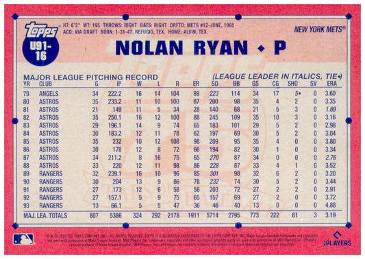 2026 Topps Update Nolan Ryan Card 1991 Topps Baseball 35th Anniversary HOF  Mets