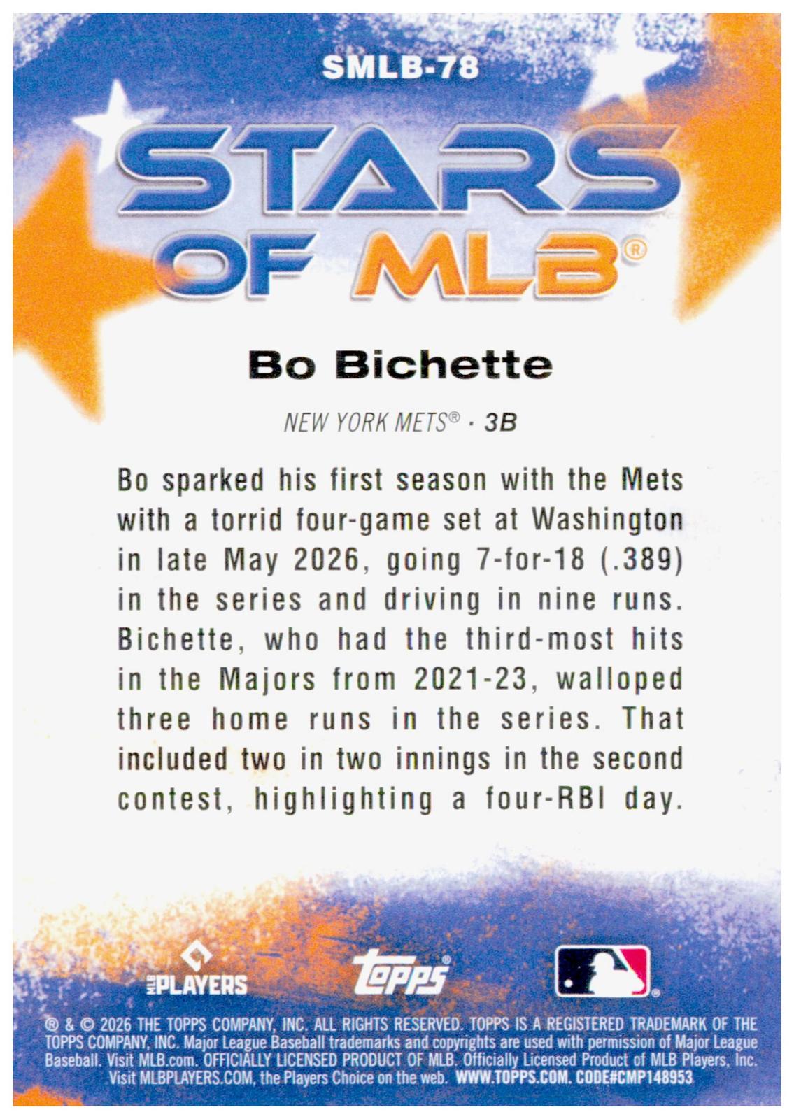 2026 Topps Update Bo Bichette Card Stars of MLB New York Mets