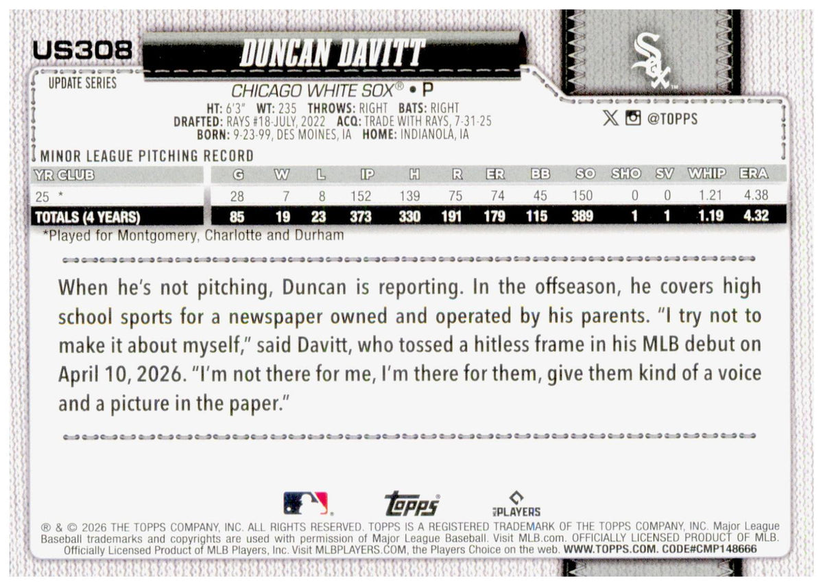 2026 Topps Update Duncan Davitt Card Holo Foil RC Chicago White Sox