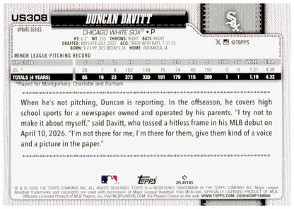 2026 Topps Update Duncan Davitt Card Holo Foil RC Chicago White Sox