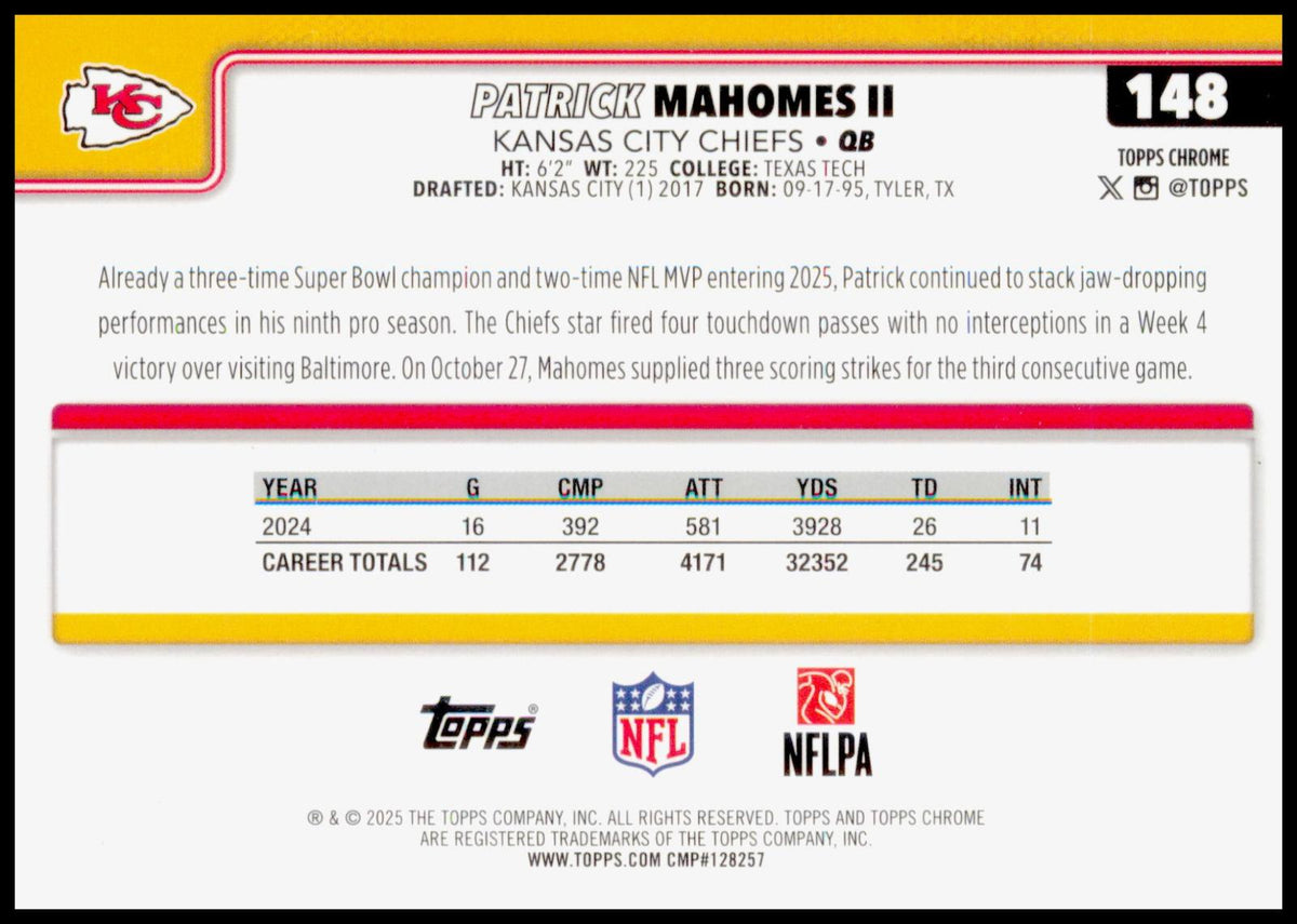 2025 Topps Chrome Patrick Mahomes II Card Kansas City Chiefs