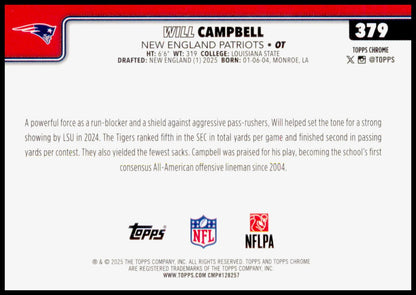 2025 Topps Chrome Will Campbell Card RC New England Patriots