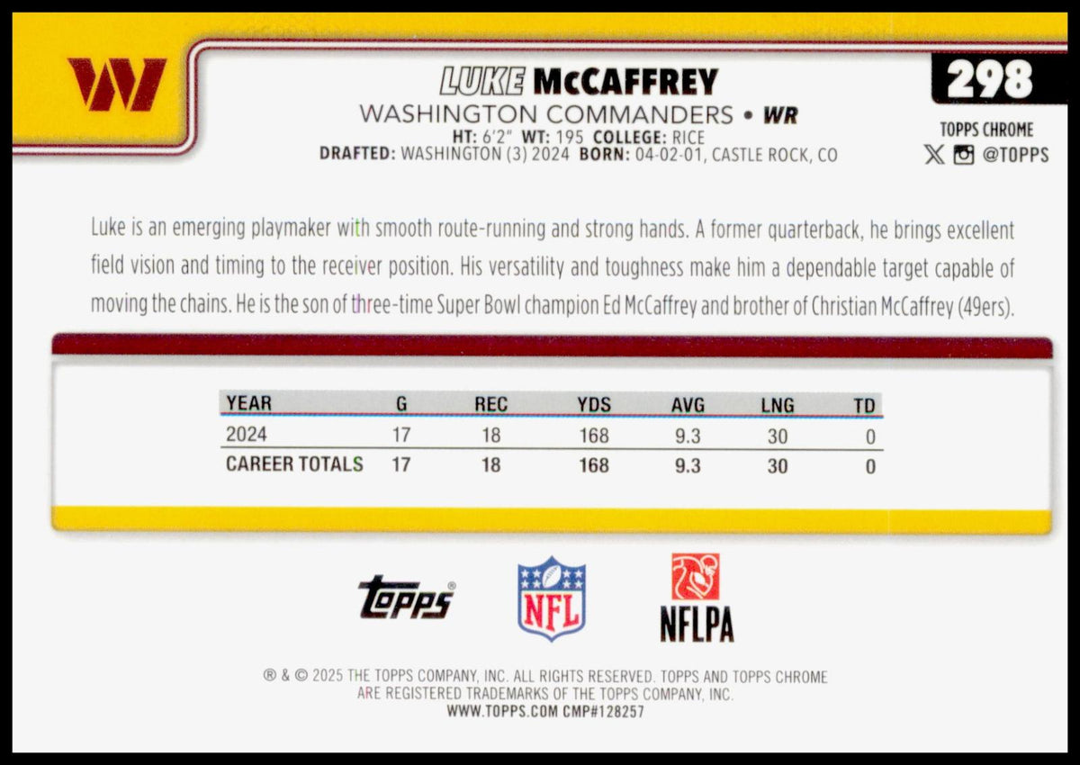 2025 Topps Chrome Luke McCaffrey Card X-Fractor Washington Commanders