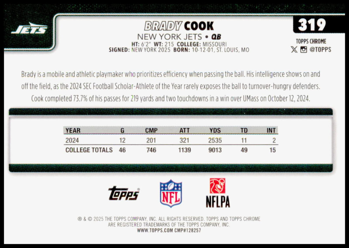 2025 Topps Chrome Brady Cook Card RC New York Jets