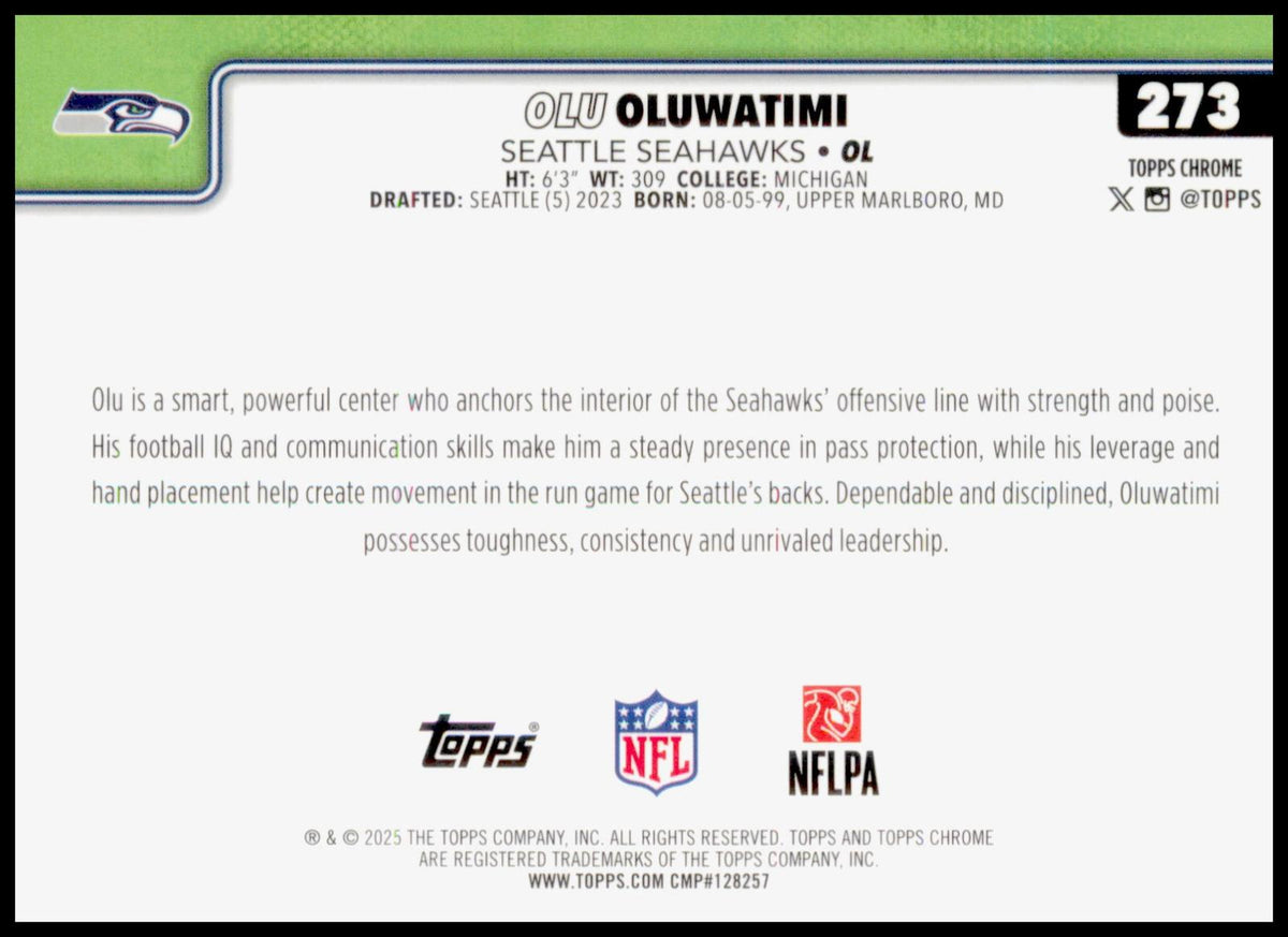 2025 Topps Chrome Olu Oluwatimi Card Seattle Seahawks