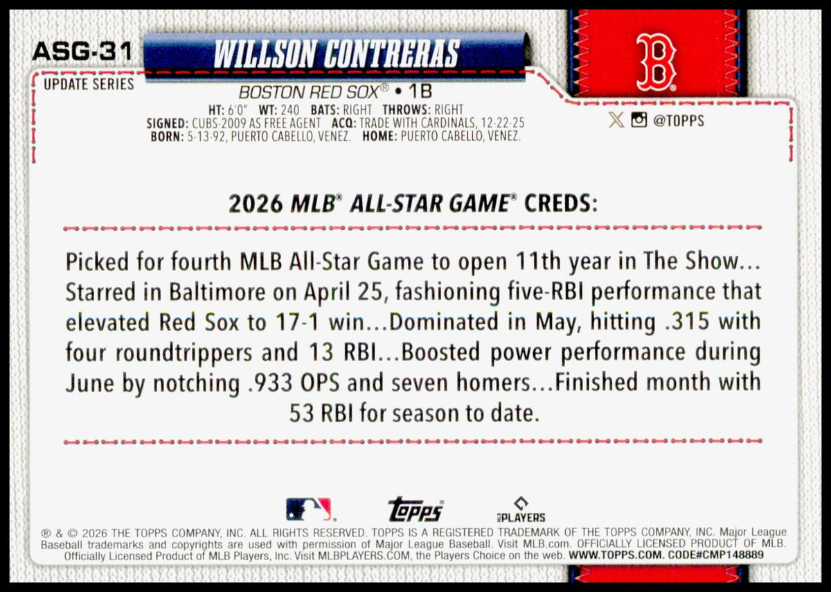2026 Topps Update Willson Contreras Rainbow Foil All-Star Game #ASG-31 Red Sox