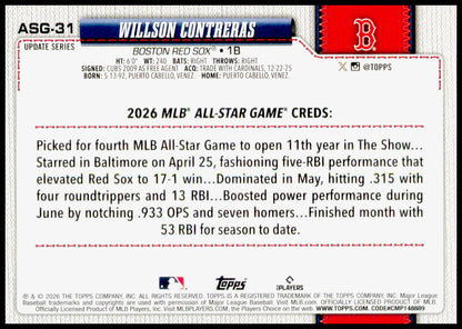 2026 Topps Update Willson Contreras Rainbow Foil All-Star Game #ASG-31 Red Sox