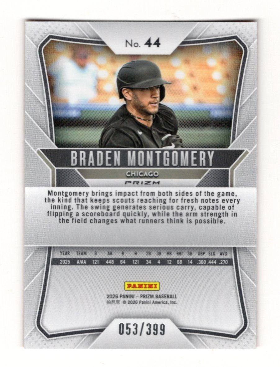 2026 Panini Prizm Braden Montgomery Card Orange Ice Prizm SN Chicago White Sox