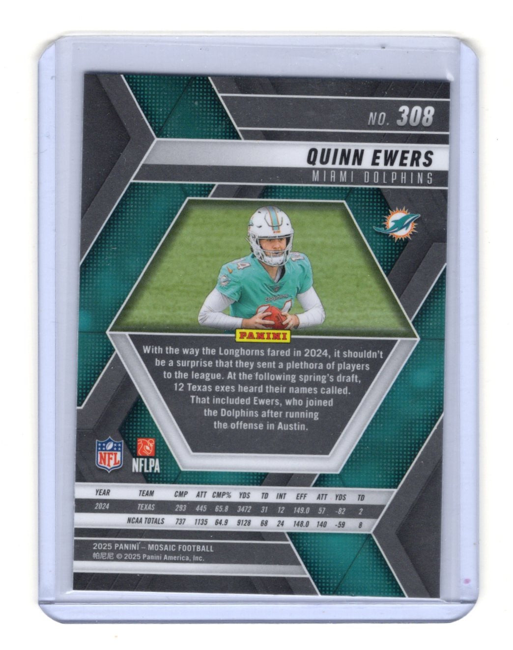 2025 Panini Mosaic Quinn Ewers Card RC Miami Dolphins