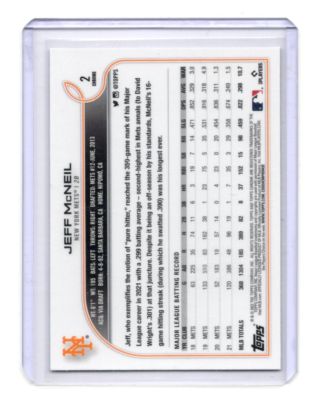 2022 Topps Chrome Sonic Jeff McNeil Card Black & White RayWave New York Mets