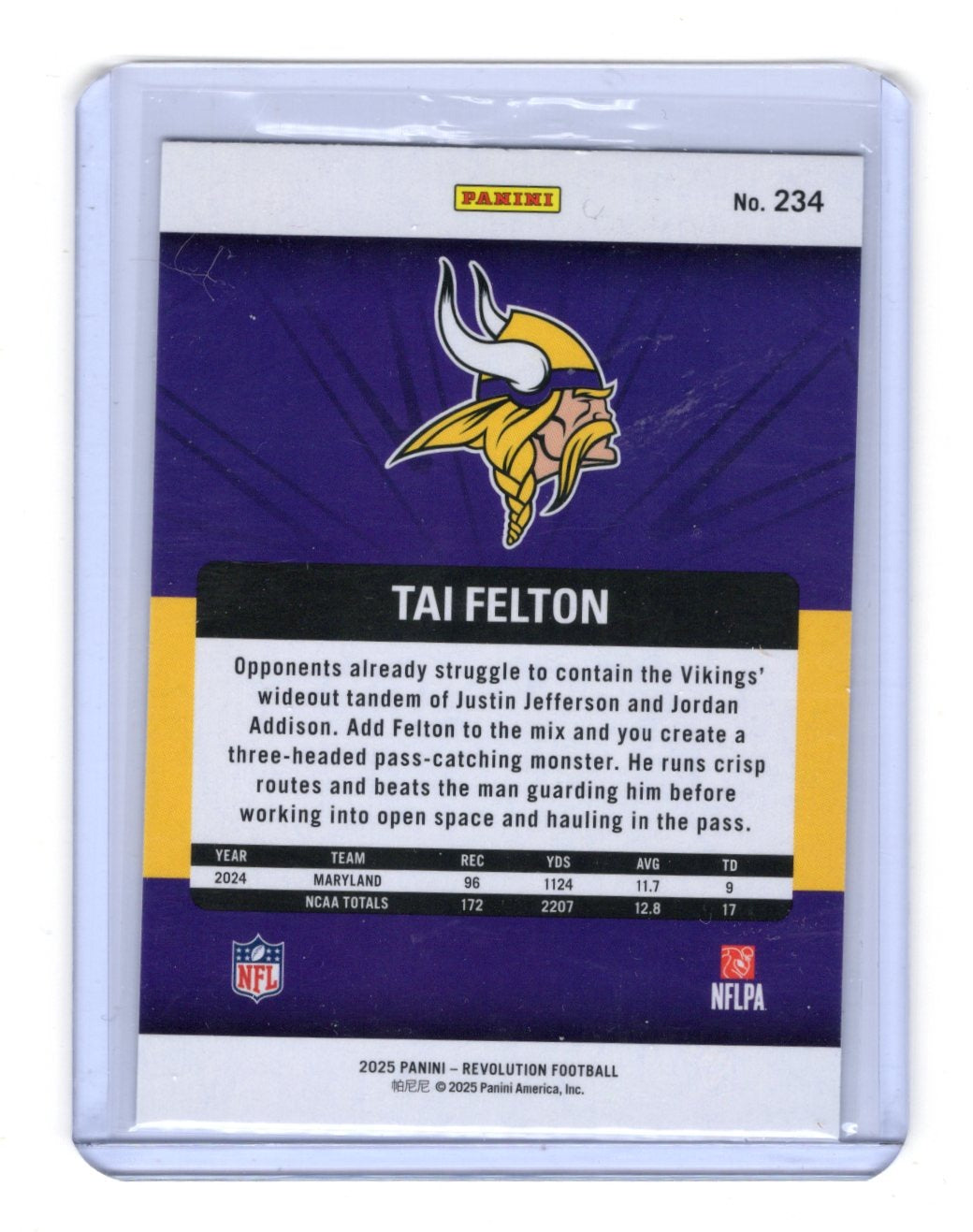 2025 Panini Revolution Tai Felton Card Orange Levels SN Minnesota Vikings