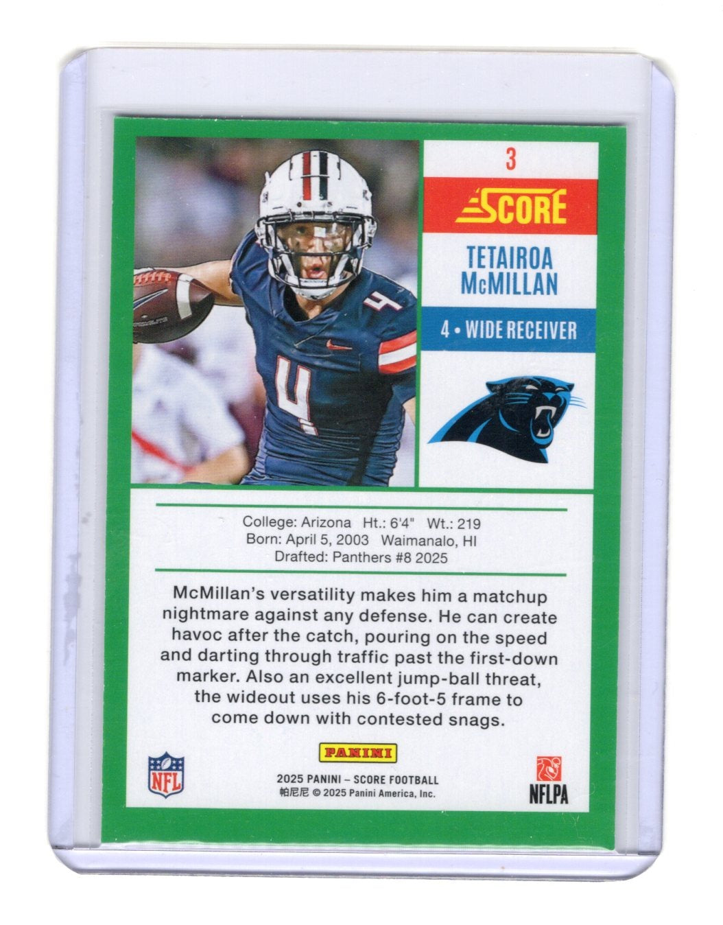 2025 Score Tetairoa McMillan Card Anniversary Rookies Orange Carolina Panthers