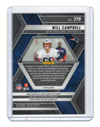 2025 Panini Mosaic Will Campbell Card Mosaic Green RC New England Patriots