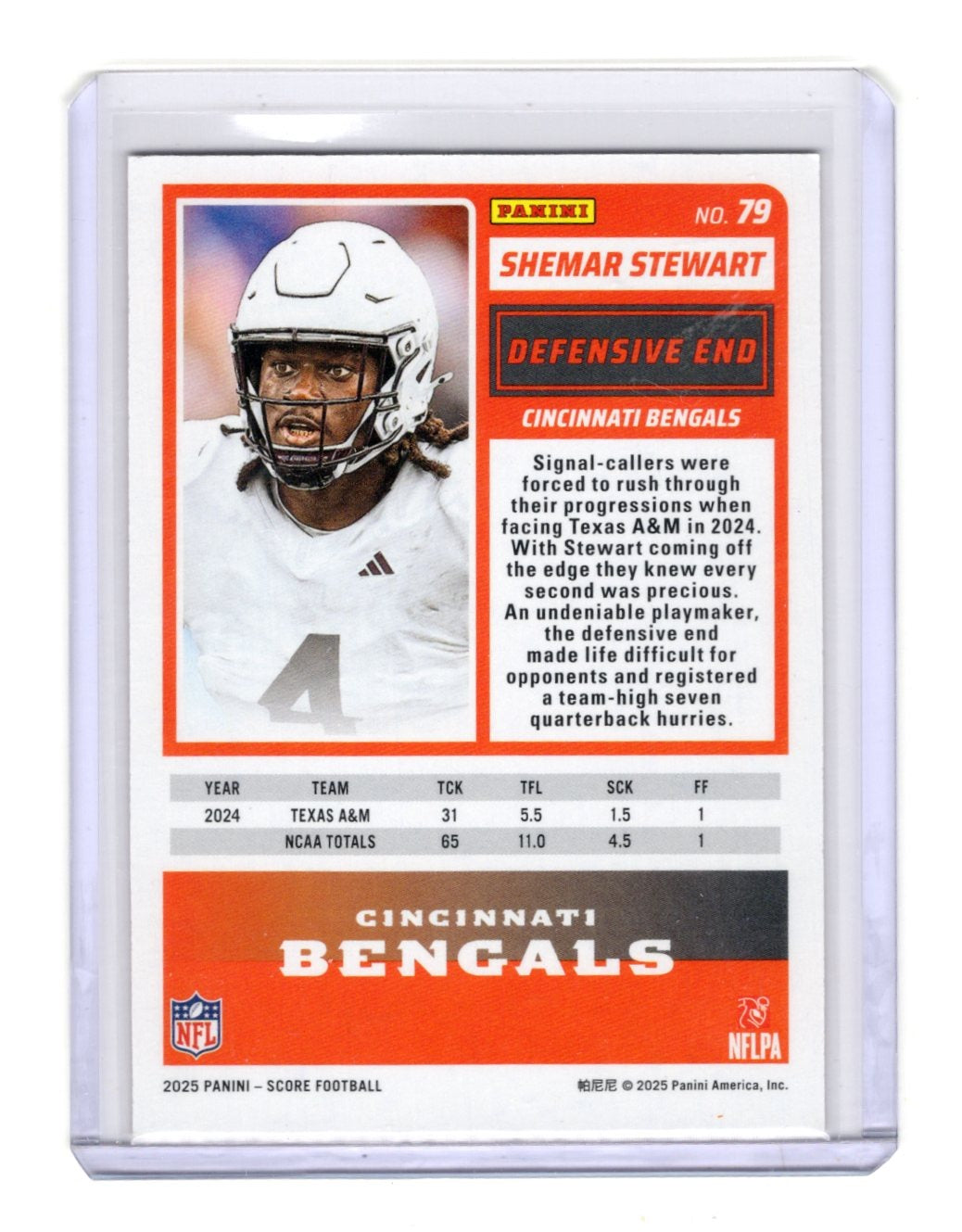 2025 Panini Score Shemar Stewart Orange /99 #79 Bengals RC Rookie Card SP