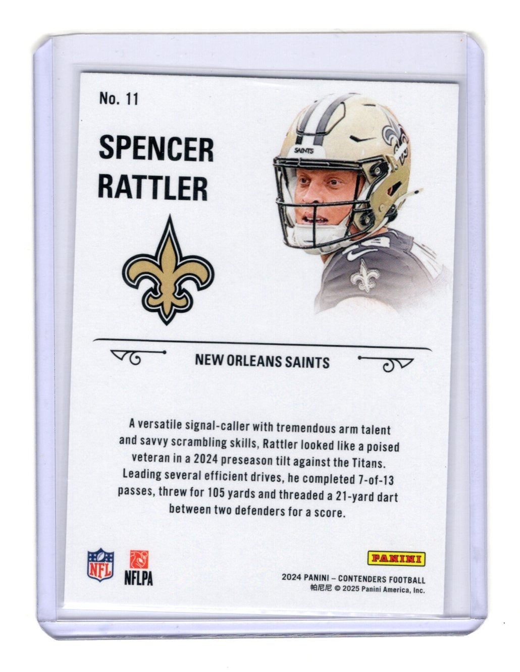 2024 Panini Contenders Spencer Rattler Card Rookie Stallions New Orleans Saints
