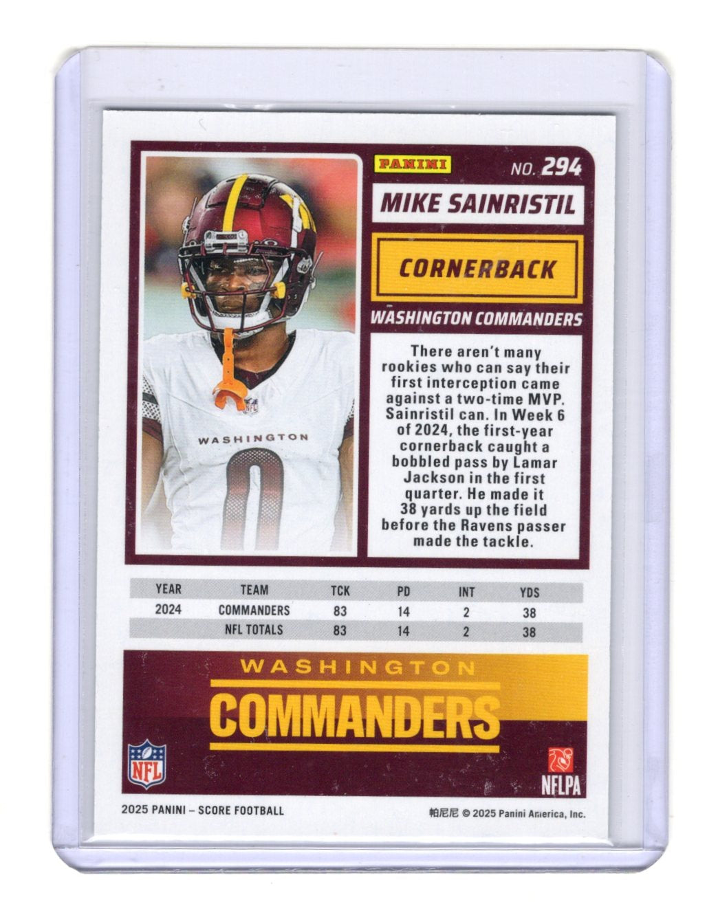 2025 Score Mike Sainristil Card Electric SN Washington Commanders