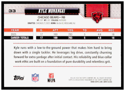 2026 Topps Flagship Kyle Monangai Card Pink Holo Foil Chicago Bears