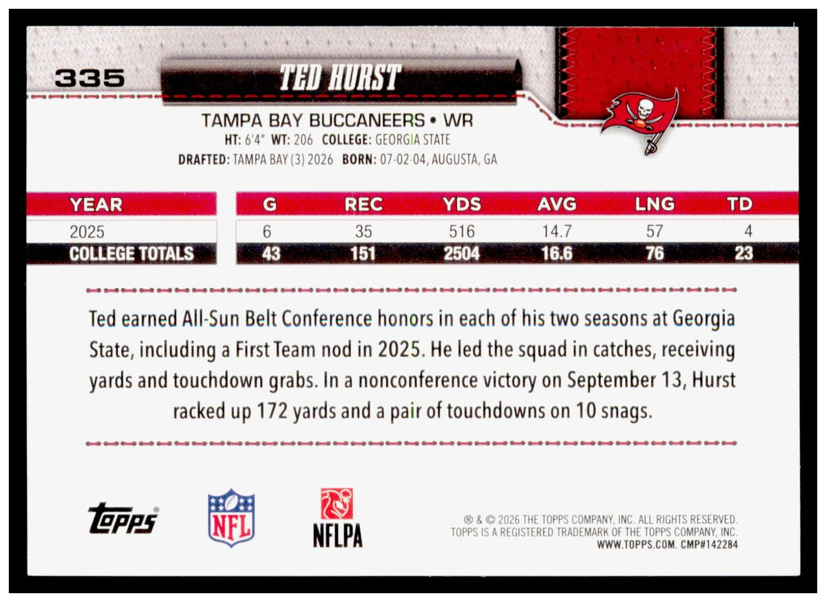 2026 Topps Flagship Ted Hurst Card White & Blue Tampa Bay Buccaneers
