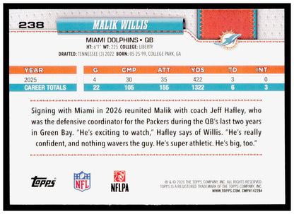 2026 Topps Flagship Malik Willis Card White & Blue Miami Dolphins