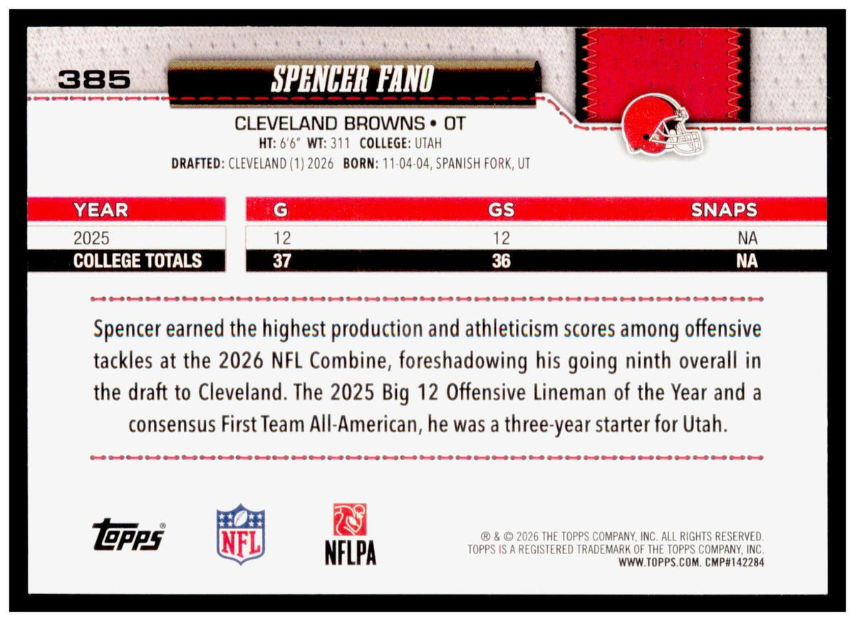 2026 Topps Flagship Spencer Fano Card White & Blue Cleveland Browns