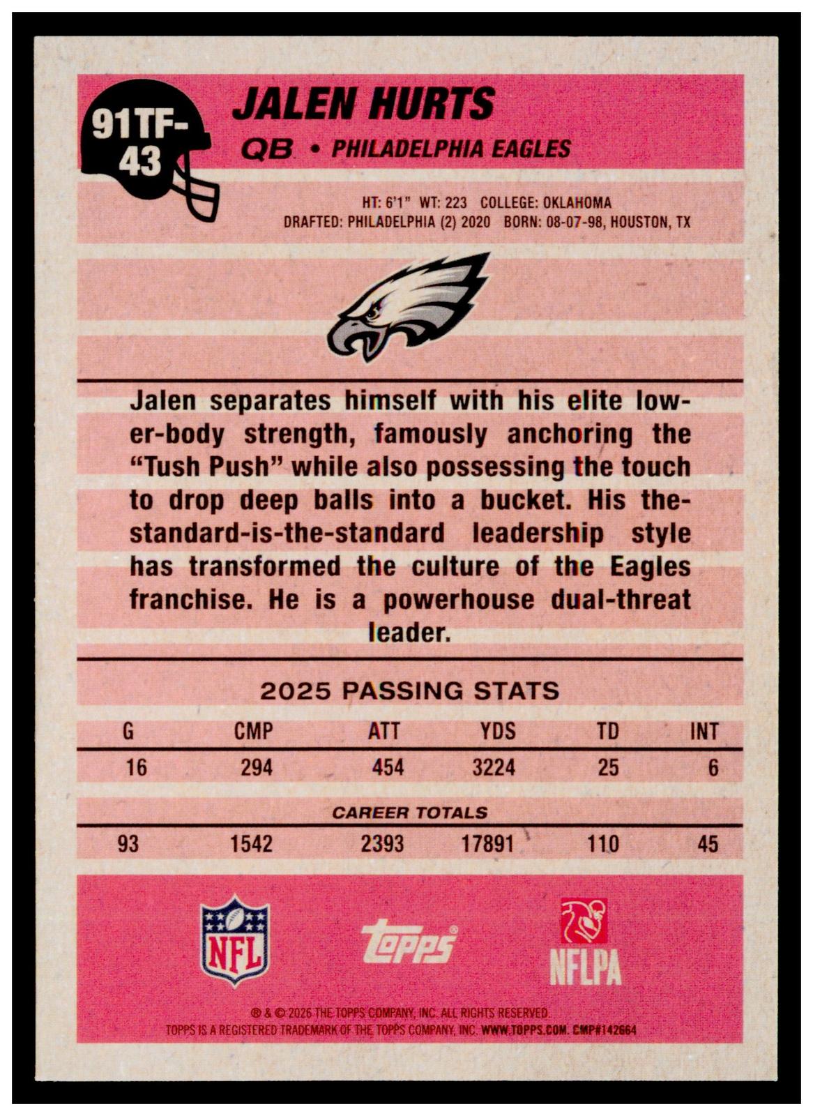 2026 Topps Flagship Jalen Hurt 1991 Topps Football 35th Anniversary Crackle