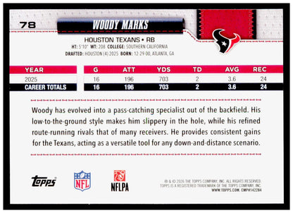 2026 Topps Flagship Woody Marks Card White & Blue Houston Texans