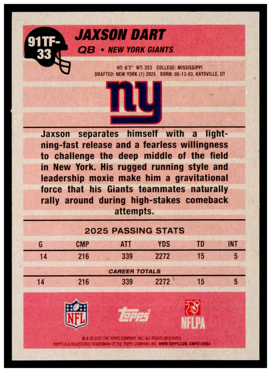 2026 Topps Flagship Jaxson Dart Card 1991 Topps Football 35th Anniversary Giants