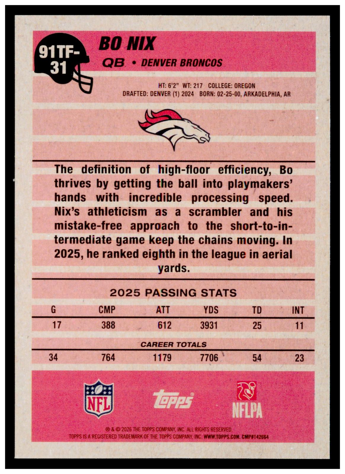 2026 Topps Flagship Bo Nix 1991 Topps Football 35th Anniversary Crackle Broncos
