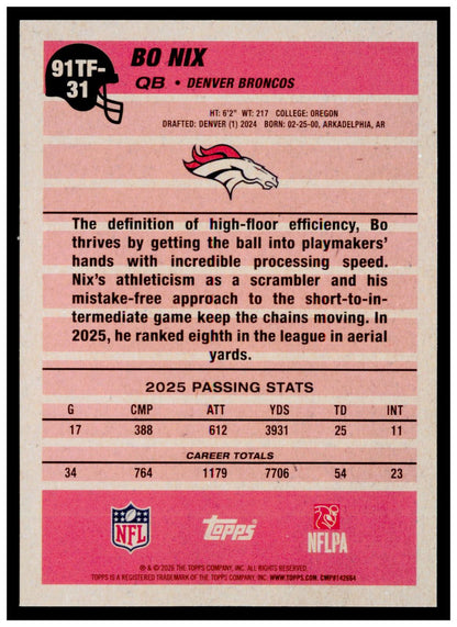 2026 Topps Flagship Bo Nix 1991 Topps Football 35th Anniversary Crackle Broncos