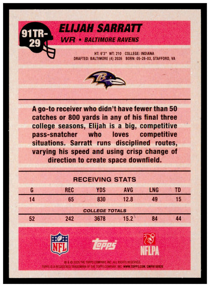 2026 Topps Flagship Elijah Sarratt 1991 Topps Football 35th Anniversary Ravens