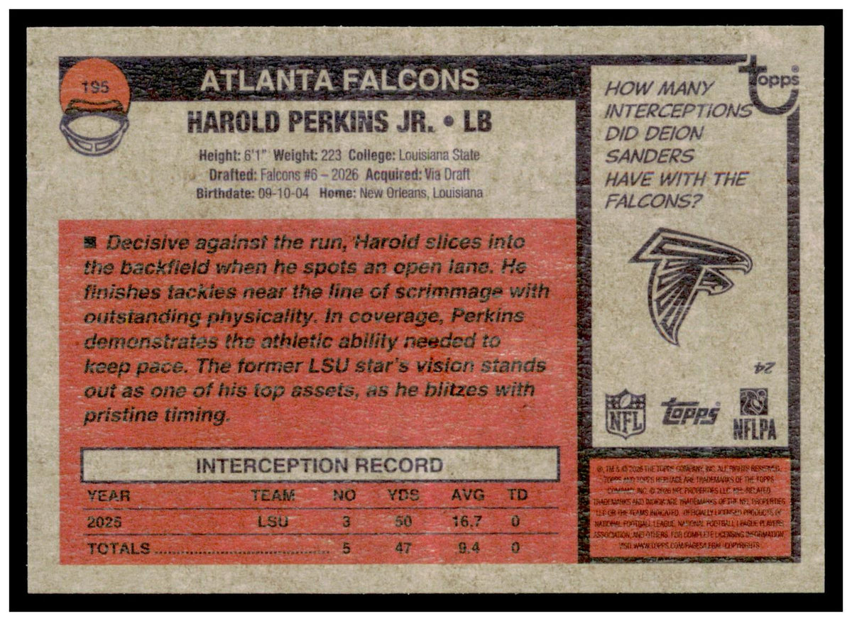 2026 Topps Heritage Football Harold Perkins Jr RC Chrome