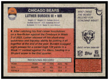 2026 Topps Heritage Football Luther Burden III Aqua Sparkle Bears
