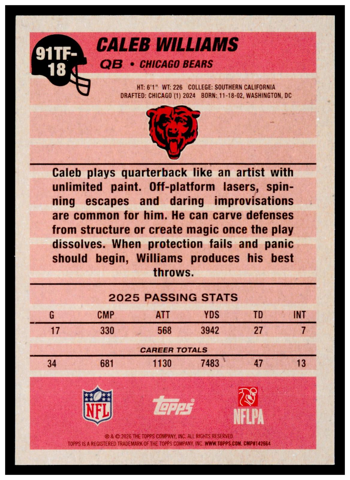 2026 Topps Flagship Caleb Williams  1991 Topps Football 35th Anniversary Chicago